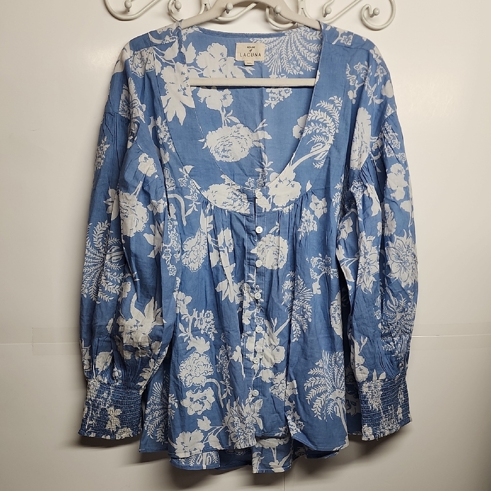 House Of Lacuna Womens Blue Floral Tuscany Boho Romantic Feminine Top Sz M/L